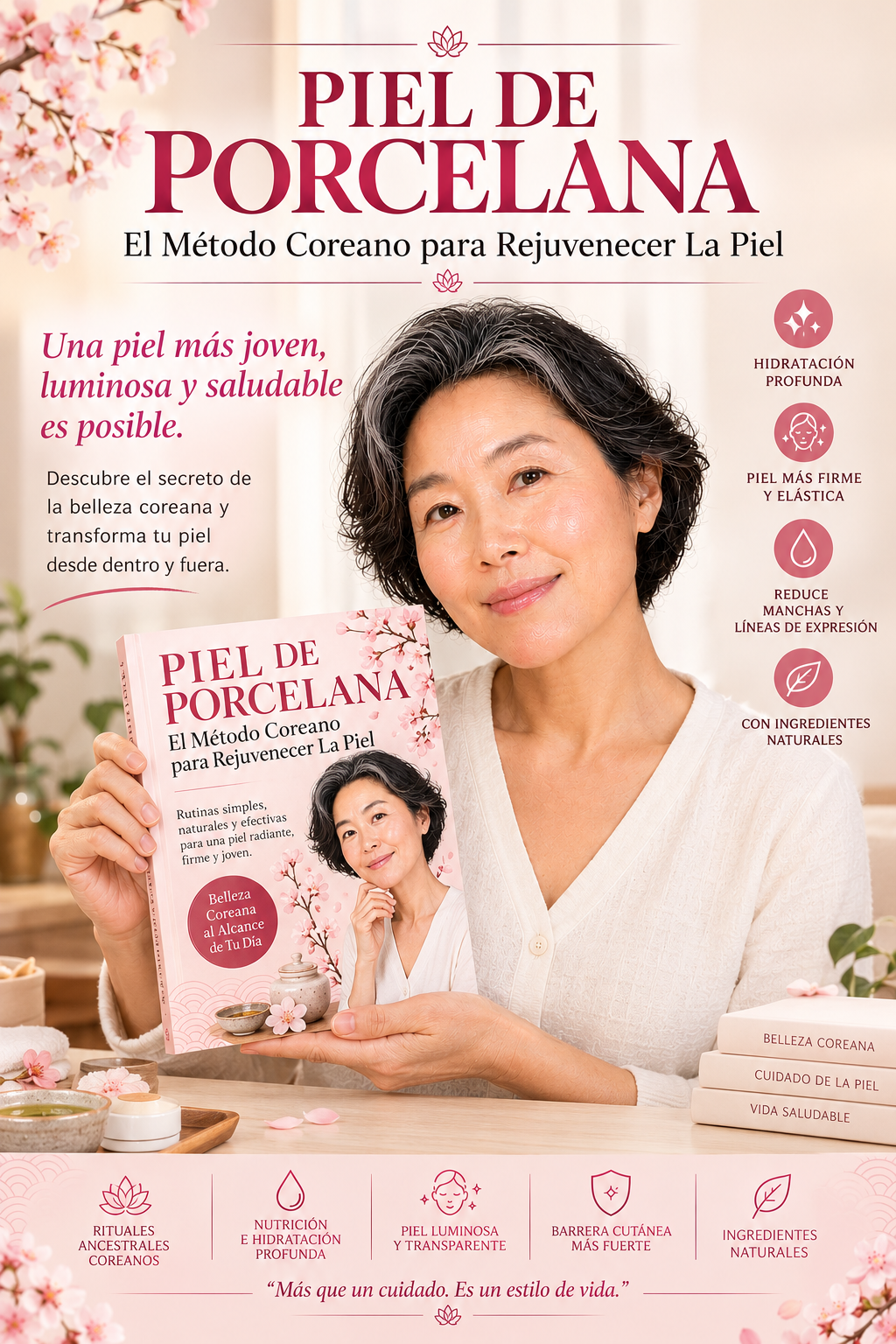 Sachiko Mori sosteniendo el libro Piel de Porcelana